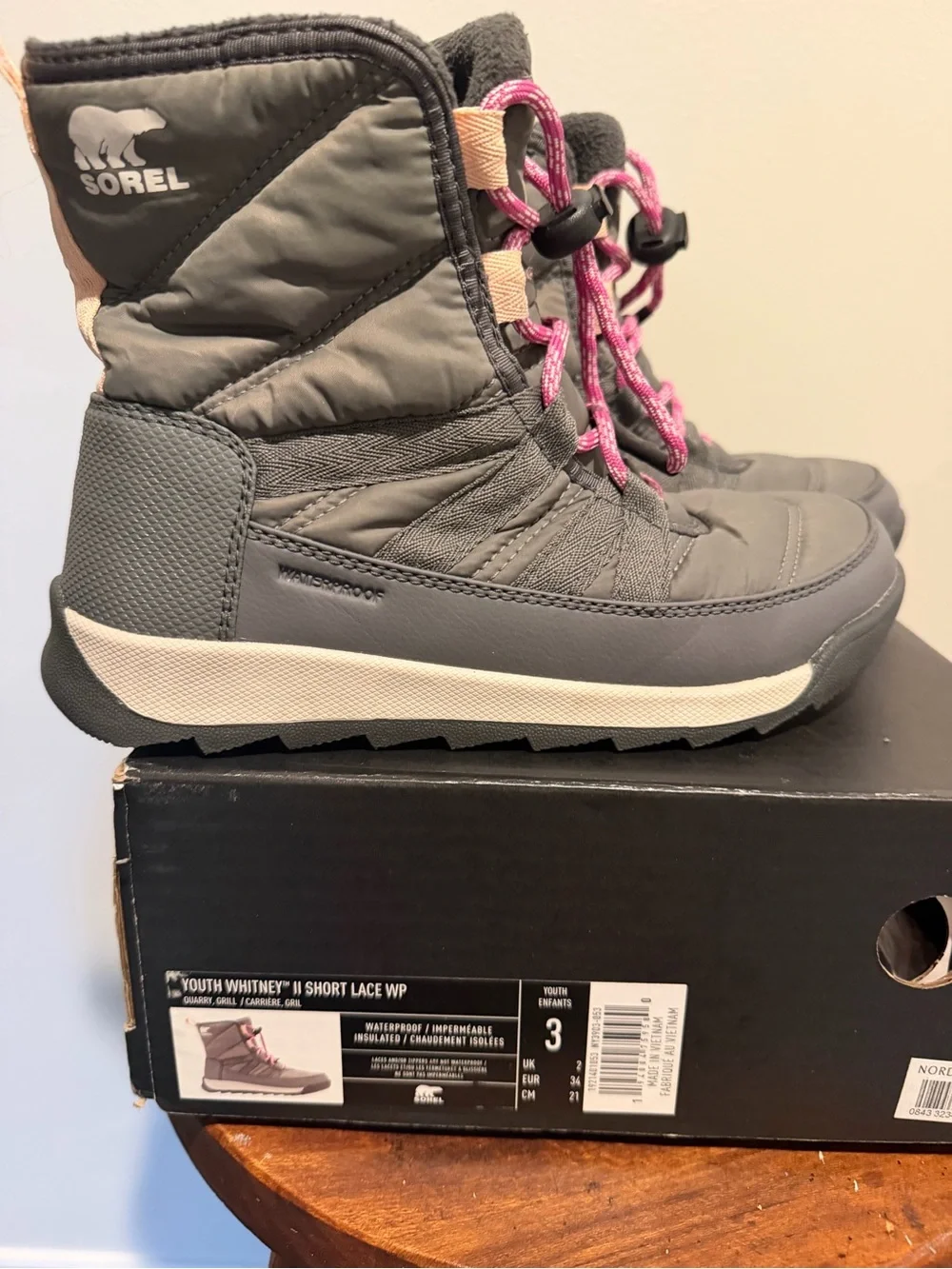 Sorel Gray Winter Boots with Pink Laces - Kids